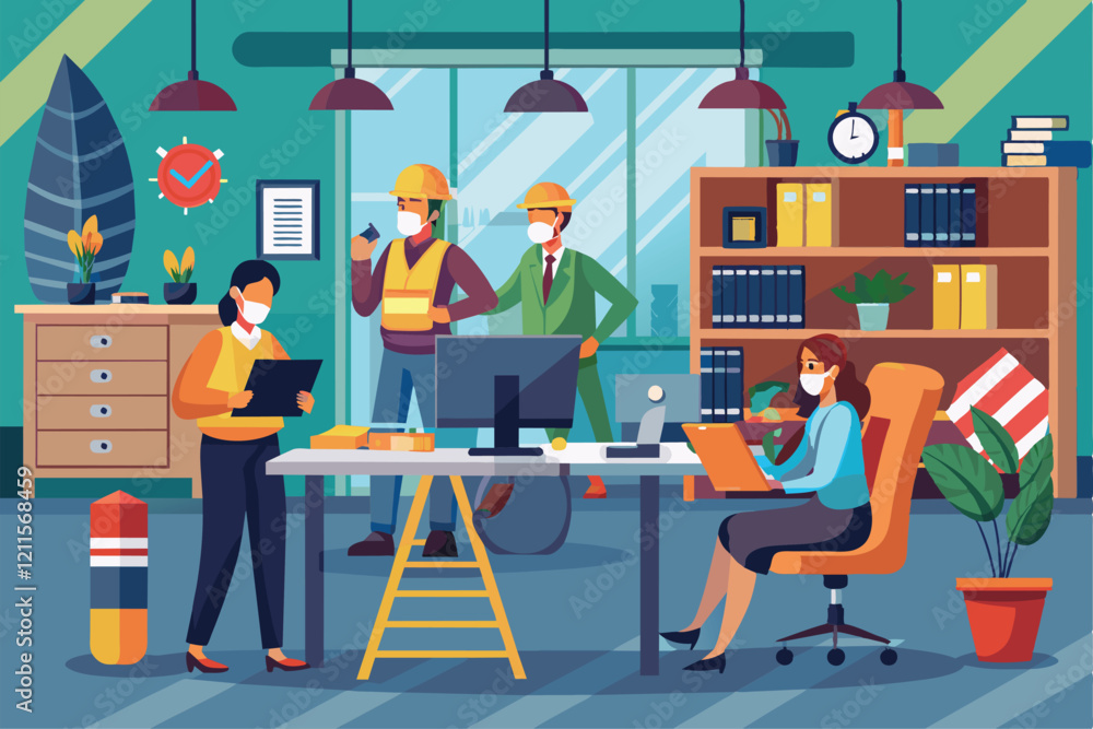 Aufkleber employees engage in safety protocols and teamwork in a vibrant office setting while wearing masks an