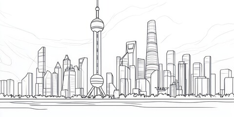 Shanghai Skyline Architectural Line Drawing