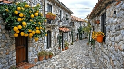 Fototapeta premium Charming Stone Village Street with Lemon Tree