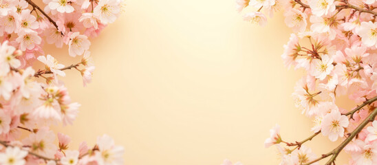 Blooming cherry blossom branches with delicate pink flowers and petals falling, springtime scene, peaceful nature, pastel background, floral theme, banner, copy space