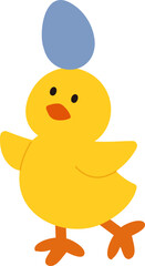 Easter cute yellow chick with egg on head flat vector isolated.
Transparent background.