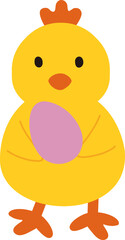 Easter cute yellow chick holding egg  flat vector isolated.
Transparent background.