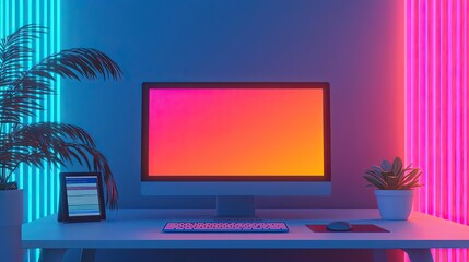 Distance education online concept. Modern workspace with colorful neon lights and a sleek computer setup on a desk.