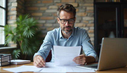 A man in glasses sitting at a wooden desk, reviewing papers with a focused expression. The background features a modern, stylish office with stone walls and green plants. A laptop and some documents a