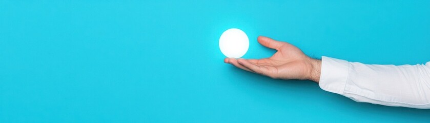 A Person's Hand Reaching Out to Hold a Bright White Sphere Against a Vibrant Blue Background, Symbolizing Ideas, Creativity, and Innovation