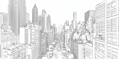 A Sketch Depicts a Cityscape of Tall Buildings and Trees
