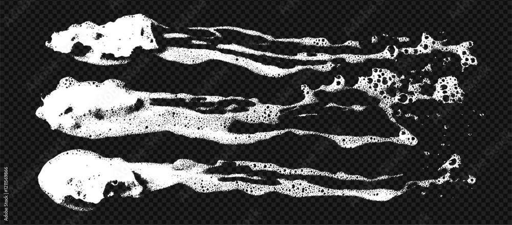 Poster Foam soap texture set with splash and sponge. Soapy clean bubble pattern overlay.Abstract liquid drops smears at the transparent background.