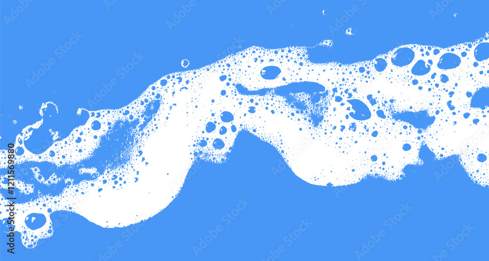 Poster Blue foam soap texture with bubbles and water wash. Clean background with soapy suds and detergent shampoo. Abstract pattern in bath and laundry.