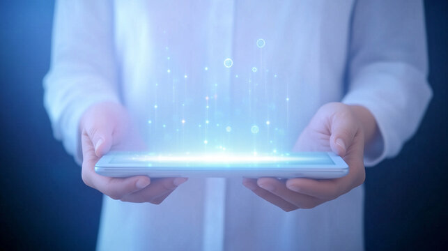 A businessperson holding a tablet with holographic icons symbolizing information management and secure access. Perfect for technology, business, and cybersecurity themes.