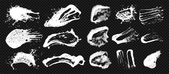 Foam soap smear texture with grunge set, wash glass, and soapy sponge. Shampoo overlay with bubble liquid, shaving, and abstract dishwasher at the transparent background.