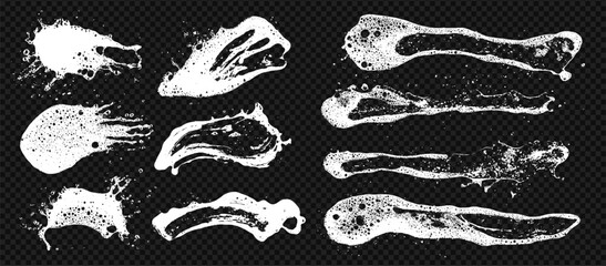 Foam soap smear texture overlay with grunge element set, wash glass, and soapy sponge at the transparent background.