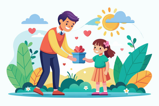 A cheerful man hands a flower pot to a smiling girl in a vibrant garden filled with hearts and plants, Kindness and charity, Cartoon flat vector illustration