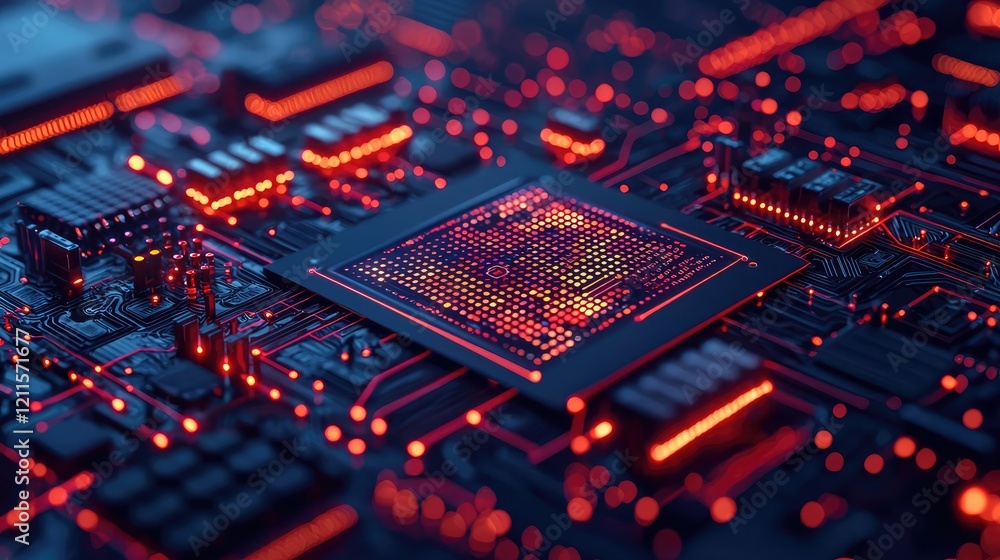Poster automated feedback ai idea. close-up of a futuristic circuit board with glowing red lights and intri