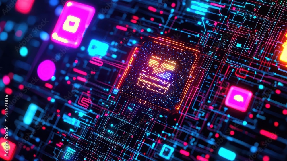 Poster virtual assistant ai concept. abstract digital circuit board with glowing microchip and vibrant colo