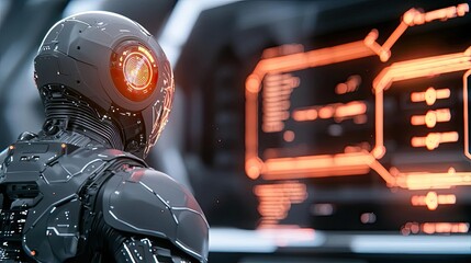 Fototapeta premium Automated feedback ai idea. A futuristic robot interacting with advanced technology in a sleek environment.