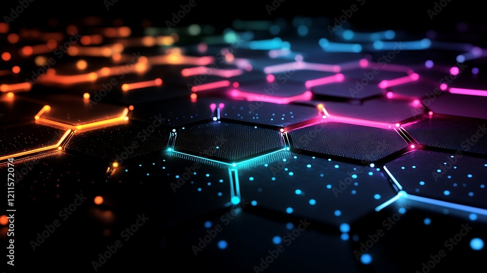 Wall mural a dark background with an abstract grid of glowing hexagon