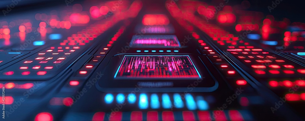 Poster automated feedback ai idea. close-up view of a futuristic circuit board with glowing red and blue li