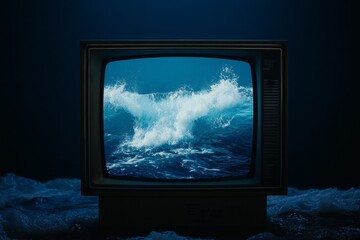 Fototapeta premium Surreal Vintage Television Displaying Ocean Waves for Artistic Home Decor