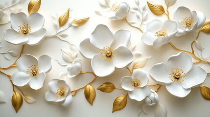 3D wallpaper with white and gold flowers white background