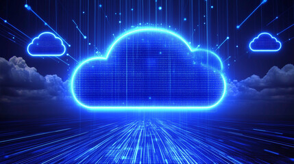 Obraz premium A digital cloud storage concept with floating data icons and glowing connections in the sky, with copy space. 