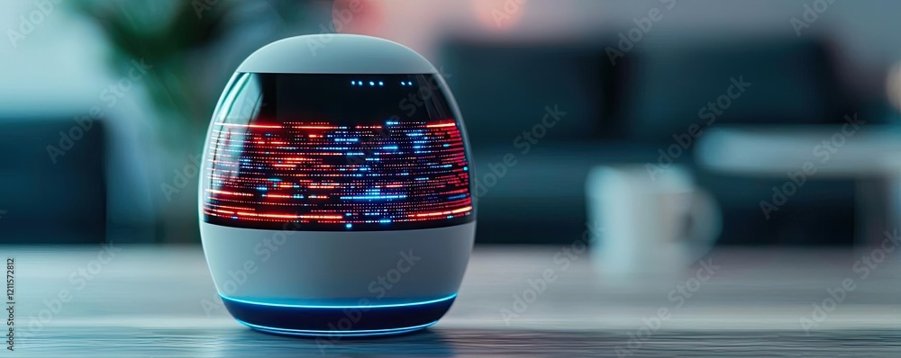 Poster virtual assistant ai concept. a modern smart speaker with colorful lights and sleek design on a styl