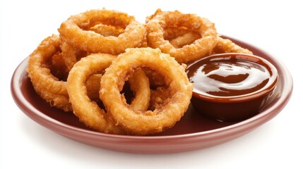 Fototapeta premium A plate of crispy onion rings served with a side of tangy barbecue sauce, Each golden-brown ring perfectly fried to crispy perfection