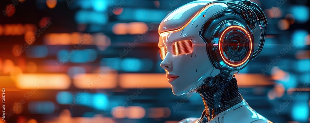 Poster virtual assistant ai concept. futuristic robot face with glowing features against a digital backgrou
