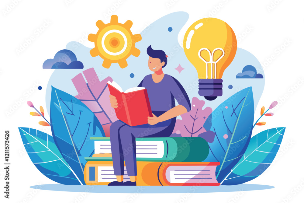 Poster a person enjoys reading a book, symbolizing the journey of learning and exploration in a vibrant, im
