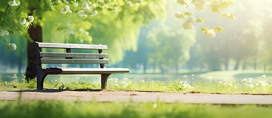 Obraz premium Serene park scene featuring a wooden bench beside a path, surrounded by lush green trees and soft bokeh light creating a tranquil outdoor atmosphere