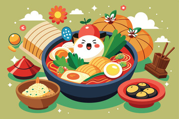 A colorful, customizable Korean food illustration showcases a hearty bowl of noodles surrounded by various side dishes, Korean food Customizable Cartoon Illustration
