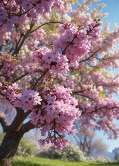 A colorful mix of spring flowers including cherry blossoms and lilacs in a blooming tree , vibrant colors, spring flowers