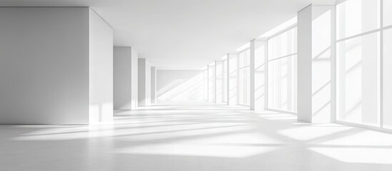 Obraz premium Modern minimalist interior space with white walls and large windows casting soft shadows, bright natural light illuminating the empty room.