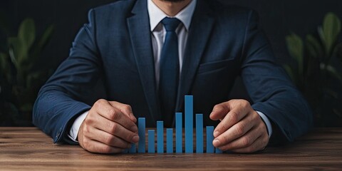 A businessman in a suit analyzes blue bar graphs on a wooden table, symbolizing financial growth and data analysis.