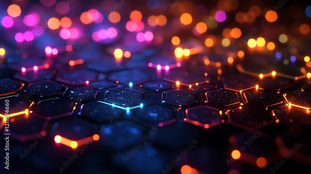 Wall mural a dark background with an abstract grid of glowing hexagon