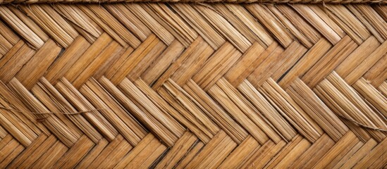 Handmade palm leaf mat close up featuring intricate woven patterns in natural beige and brown tones, showcasing craftsmanship and texture.