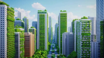 Obraz premium EcoFriendly Cityscape Green Buildings and Sustainable Transport
