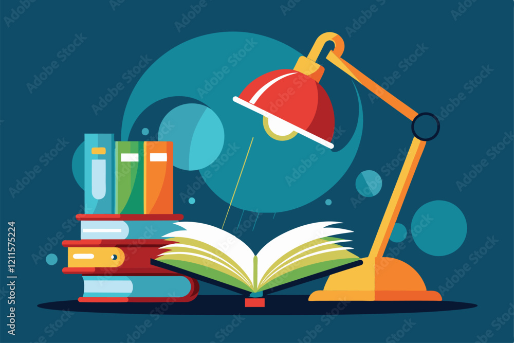 Poster a desk lamp brightly lights an open book while colorful books sit stacked nearby in a creative learn