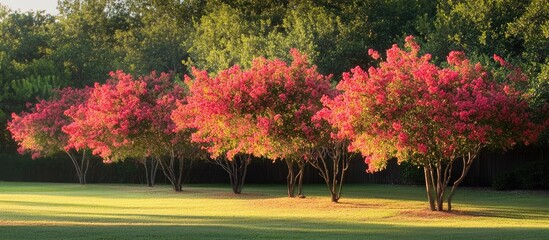 Vibrant pink crape myrtles line a lush green field under a clear blue sky, creating a stunning and captivating floral display in full bloom.