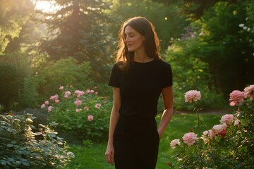 A serene woman walks through a lush garden filled with blooming roses, bathed in warm, golden sunlight.