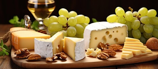 Cheese platter featuring Emmental and Camembert cheeses, blue cheese, breadsticks, walnuts, hazelnuts, and honey with green grapes on a wooden table