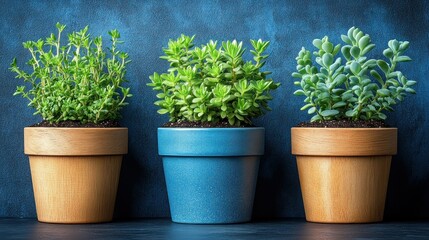 Fototapeta premium Three potted plants against a blue background. A thyme plant in a light brown pot, a sedum plant in a teal pot, and another succulent in a light brown pot.