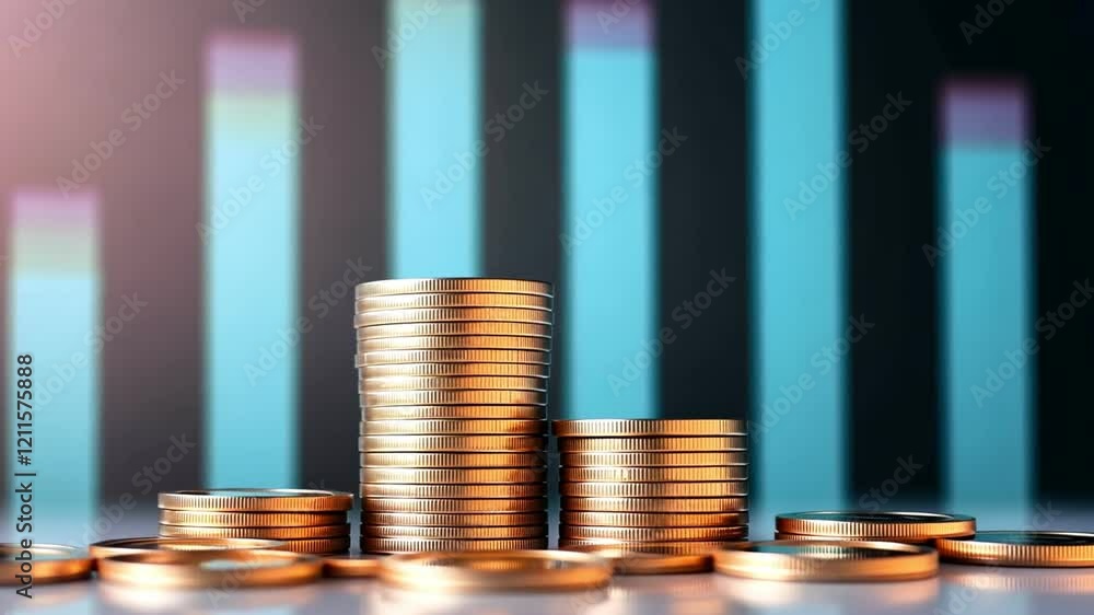 Poster stacks of coins with a background of rising graphs representing financial growth.
