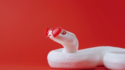 Fototapeta premium Exotic pet valentine Love symbol. White snake wearing heart sunglasses against a red background.