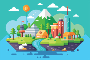 The artwork features a vibrant mix of nature and urban elements, showcasing mountains, trees, and buildings by a river, Landscape mode Customizable Disproportionate Illustration