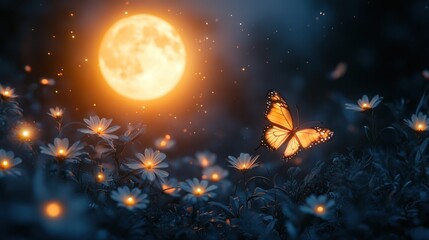 Naklejka premium A serene night scene featuring a glowing full moon illuminating a butterfly amidst blooming flowers