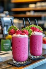 Vibrant smoothies made with prickly pear cactus, beautifully displayed in clear glasses on a rustic wooden table.