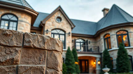 Fototapeta premium Magnificent Stone Mansion: Luxury Home Exterior with Elegant Design and Classic Architecture