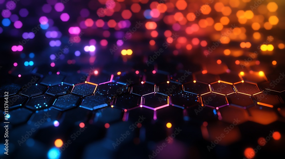Wall mural a dark background with an abstract grid of glowing hexagon