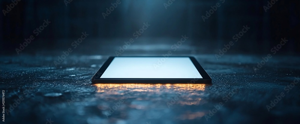 Poster tablet computer on dark, wet surface with light glow.