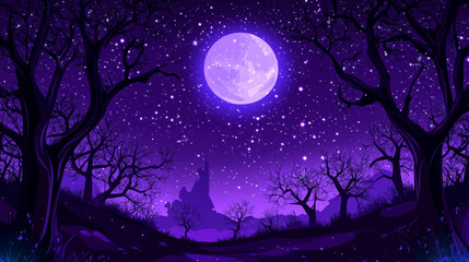 mystical night landscape with full moon and stars